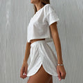 Women's Comfortable White Loose Short Sleeved Pajamas Set Summer Hollow out Elastic Waist Slit Shorts with Top Elegant Sleepwear