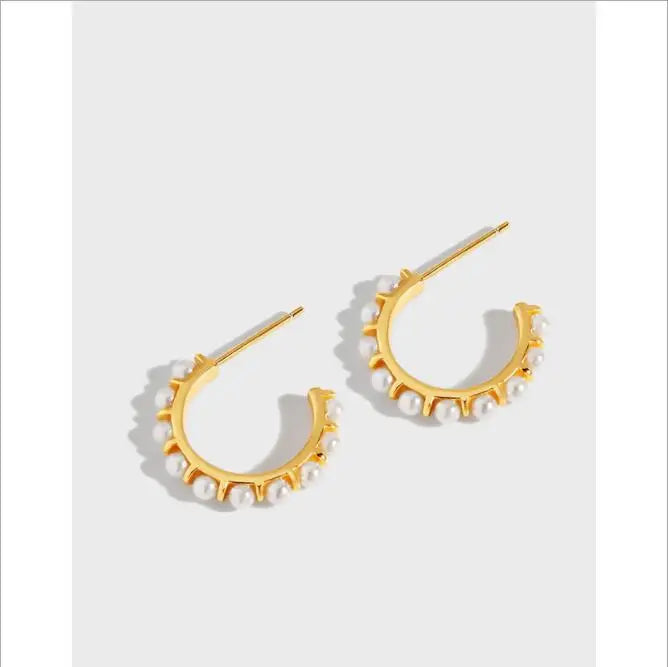 ES112 925 Sterling Silver Earrings Wholesale Champagne Gold Plated Earrings Pearl Big C Shape Earrings Stud Jewelry 2020