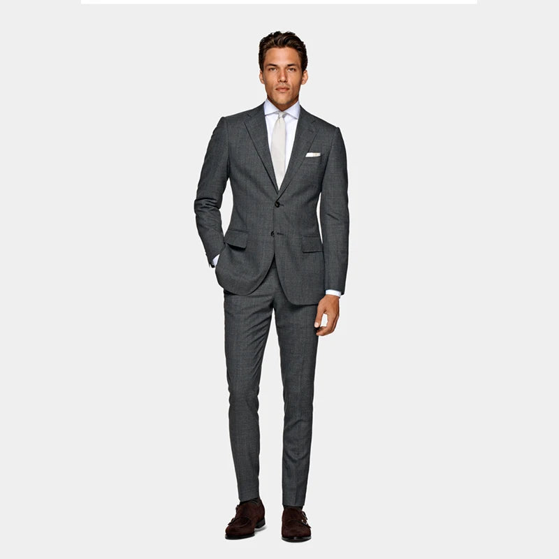 Business Gentleman in the Medium Gray Tropical Wool Slim Men's Two Single-breasted Suit.
