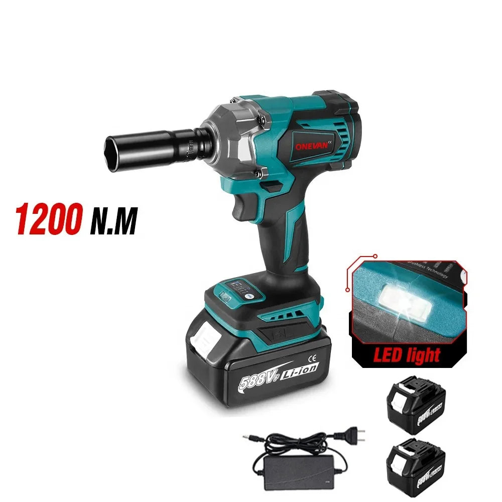 ONEVAN 1200N.M Torque Brushless Electric Impact Wrench 1/2 Inch Screwdriver Socket LED Light Power Tools for Makita 18V Battery