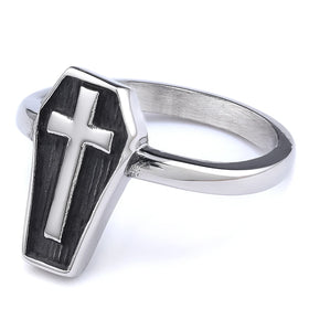 New Fashionable Real Stainless Steel Silver Water Proof Non Tarnish Gothic Punk Coffin Cross Lady Signet Finger Ring