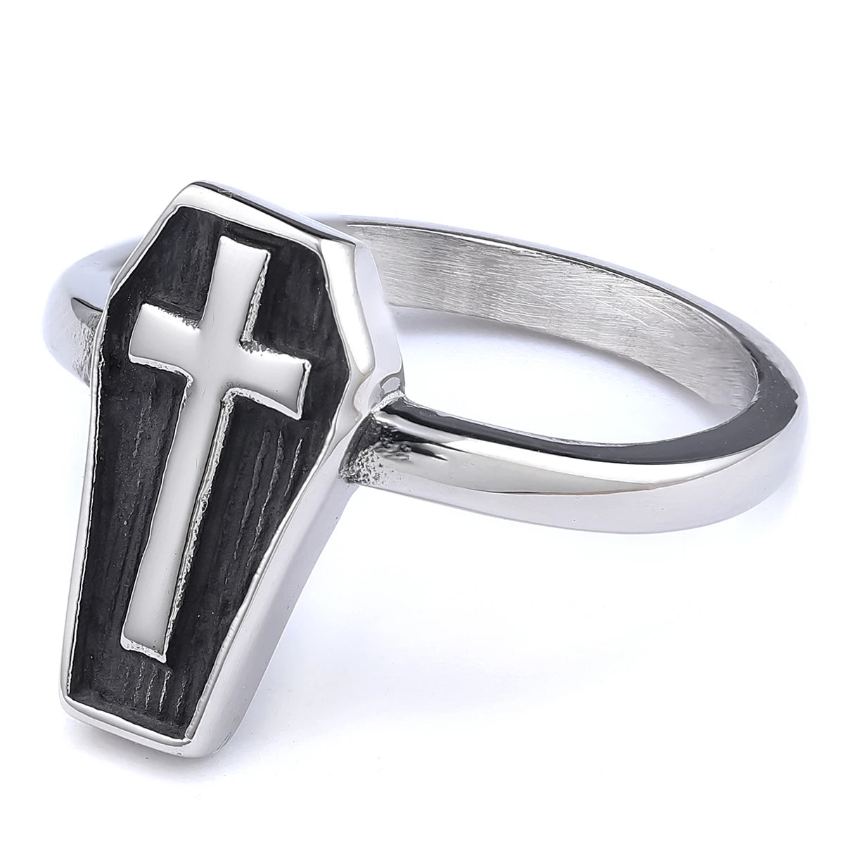 New Fashionable Real Stainless Steel Silver Water Proof Non Tarnish Gothic Punk Coffin Cross Lady Signet Finger Ring