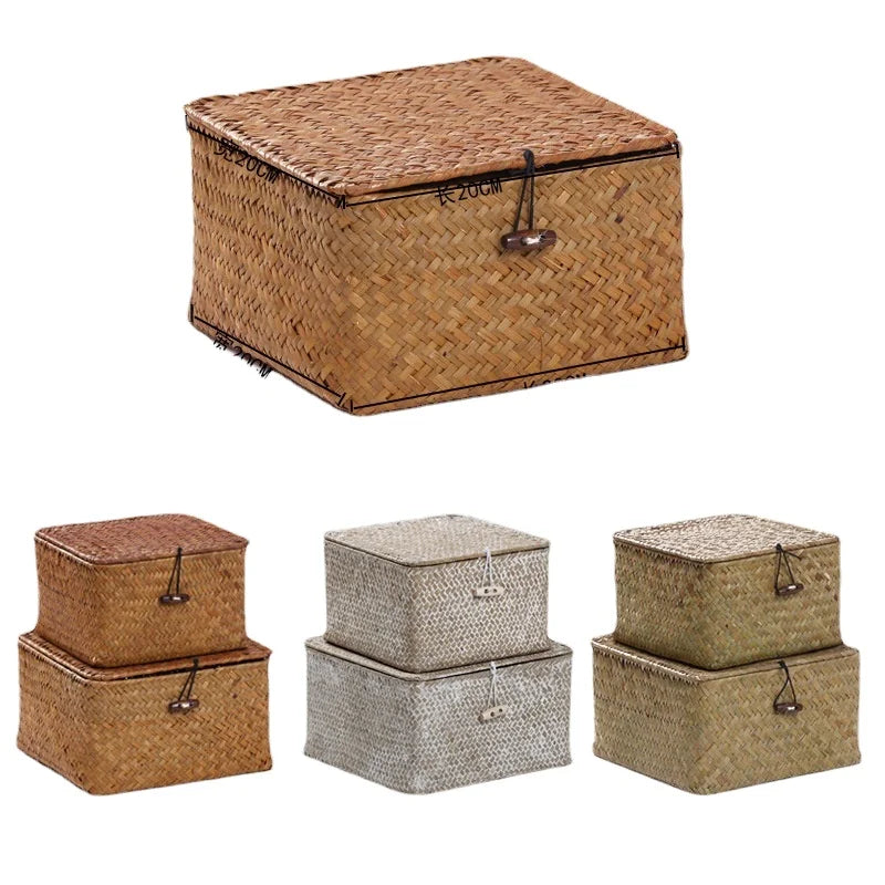 Natural Seagrass Storage Box Desktop Makeup Organizer Multipurpose Container Handwoven Multi-functional Storage Box