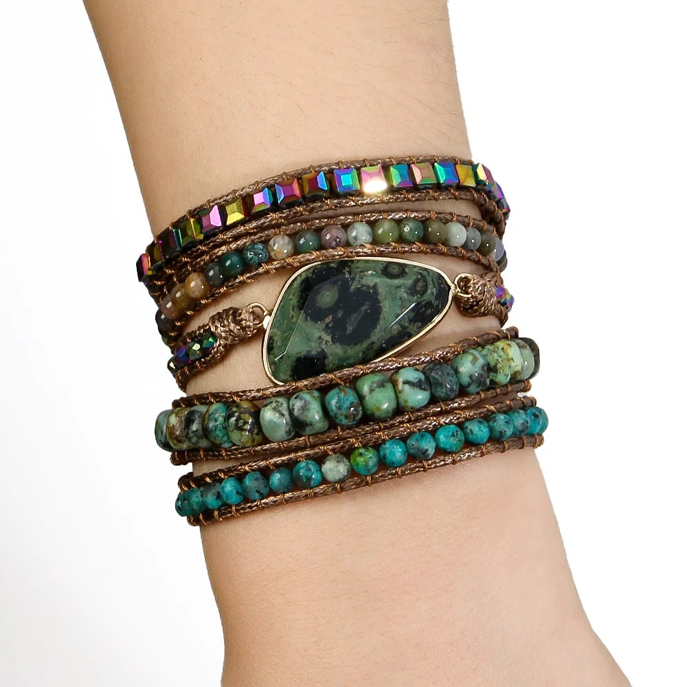 Fashion Boho Bracelet Black Lace Rhodonite African Turquoise Natural Stones Grass Green Charm 5 Strands Woven Wrap Bracelets