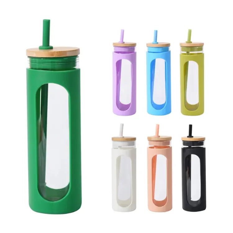 20oz Eco-friendly Bamboo Lid Silicone Sleeve Durable Borosilicate Glass Water Bottle