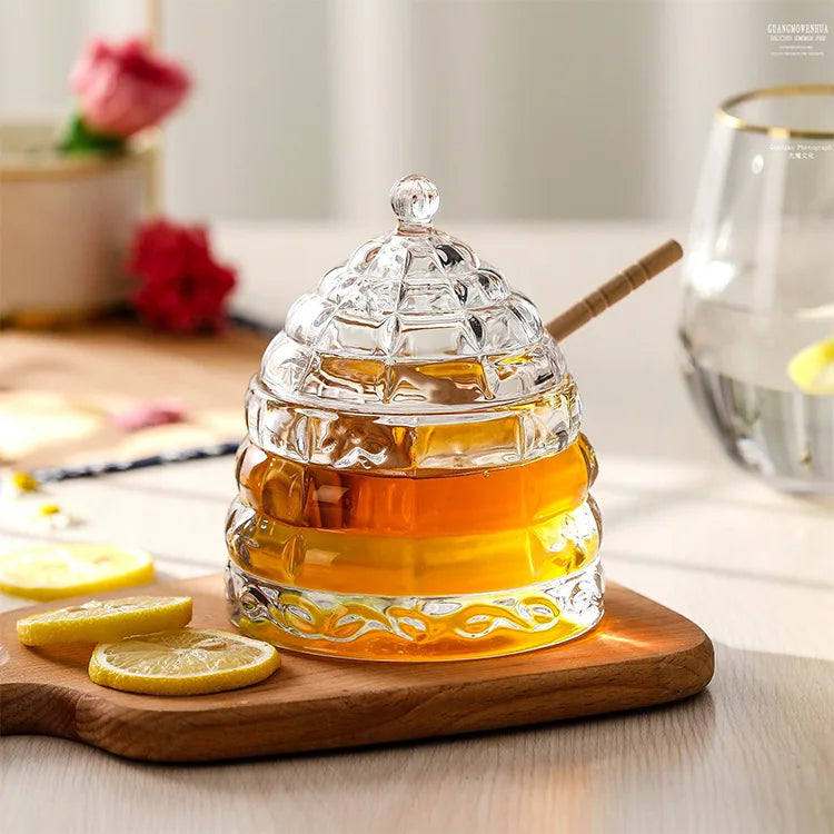 Hot Sale Creative Household Tapered Glass Honey Jar with Wooden Dipper Syrup Storage Tank for Kitchen & Camping
