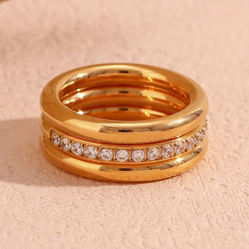 14K Gold Plated Stainless Steel Luxury Statement Rings Tarnish-Free Zircon Inlay Stacking Jewelry Fashionable Princess Cut