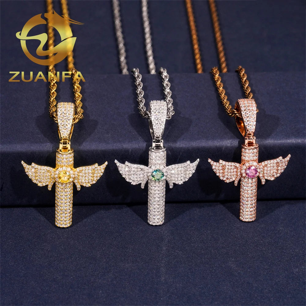 Lucky Wing Hip Hop Jewelry Moissanite Cross Iced Out Pendant Silver 925 Moissanite Charm Pendant Lab Diamond Pendant