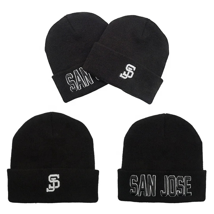 Unisex Winter Knitted Black Beanie Hats with Custom Logo 3D Embroidery Cheap San Jose Cuff Toque Bonnet for Adults Designer Caps