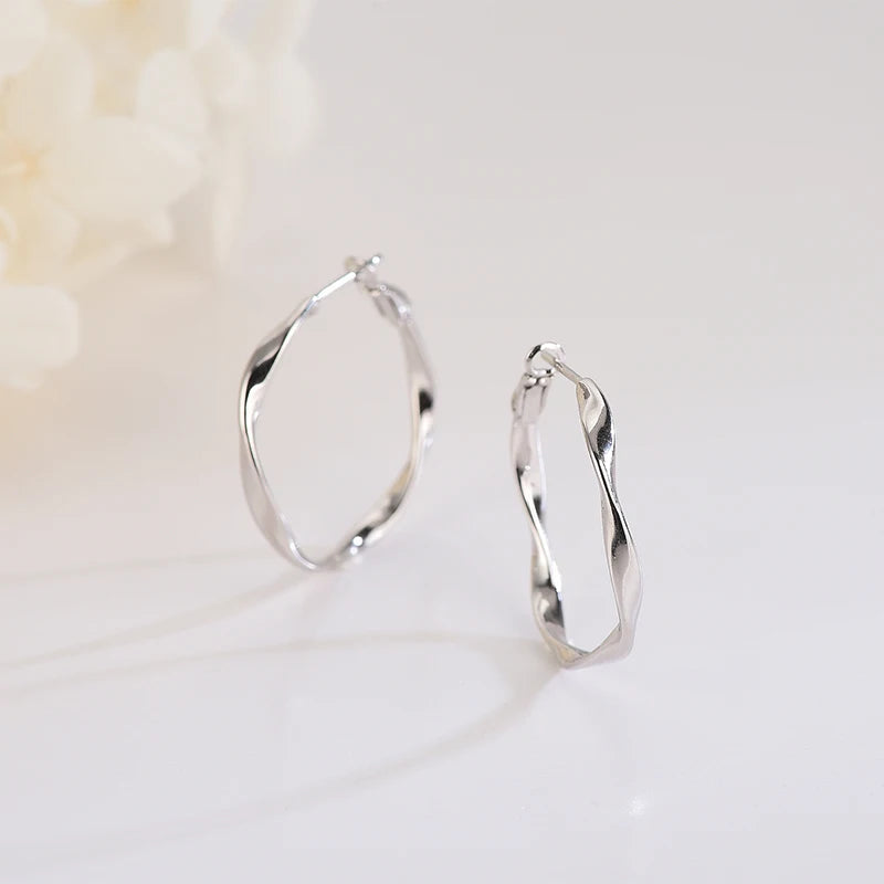 Mobius Wavy Twisted Earring Minimalist Women Sterling Silver Jewelry Big Hoop Earrings