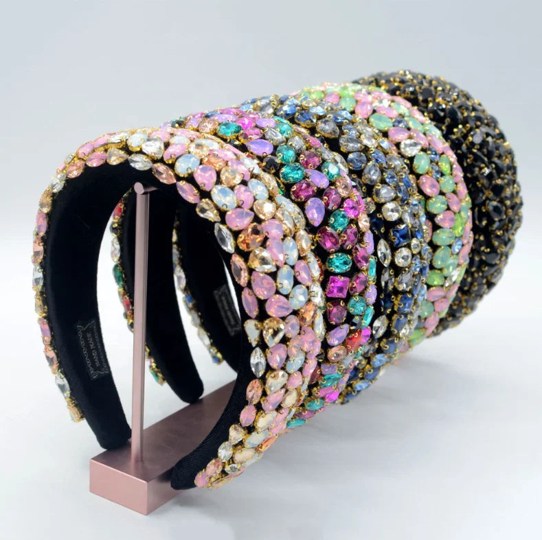 Finestyle Handmade Baroque Boho Rhinestone Headband Soft Velvet Padded Lining Hair Hoop Bridal Elegant Wedding Wide Accessories