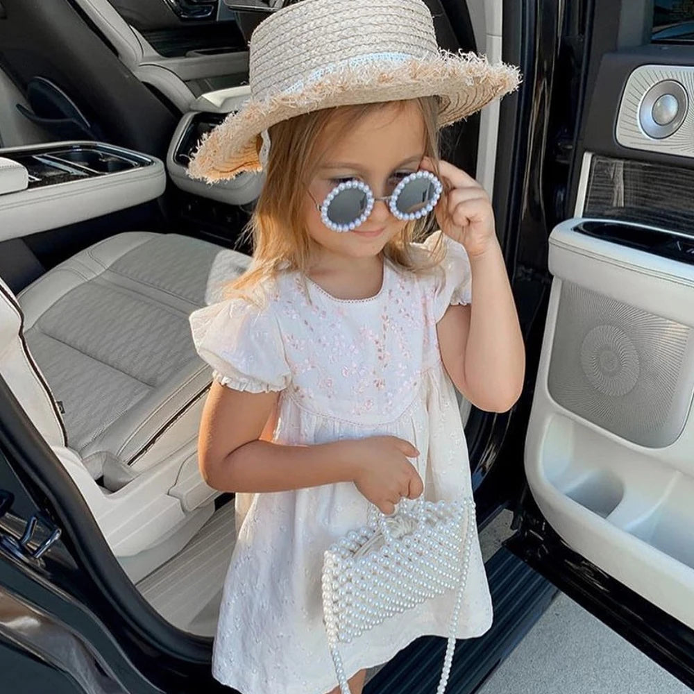 BP138 Hot Sale Retro Children's Trendy Kidsround Frame Pearl Sunglasses