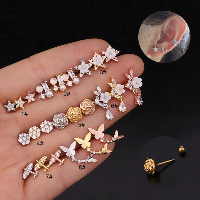 Dainty Gold Silver Star Butterfly CZ Stainless Steel Wedding Gift Plug & Tunnel Earring Helix Snug Rook Piercing