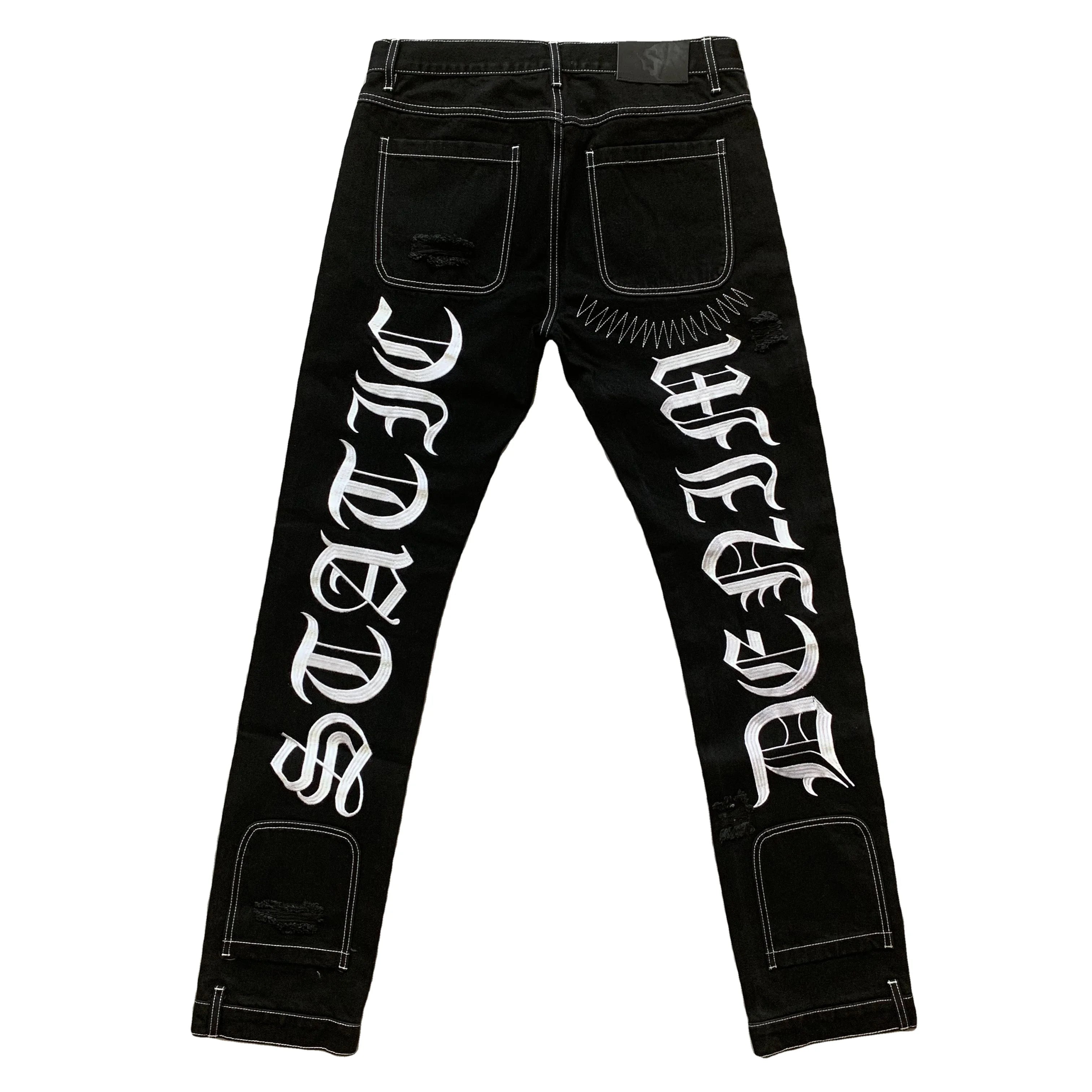 DENIMGUYS Custom Upside Down Bottom Embroidery Streetwear Mens Distressing Ripped Jeans