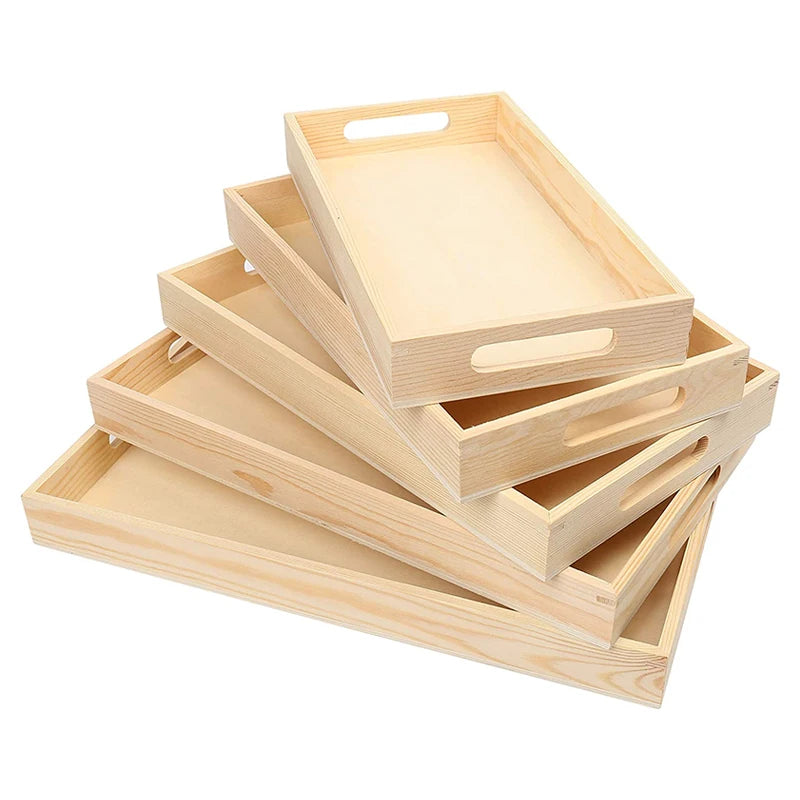 Unfinished Natural Wooden Nested Serving Trays with Handles for Craft Decor Tea Food Organizer for Breakfast Lunch Dinner