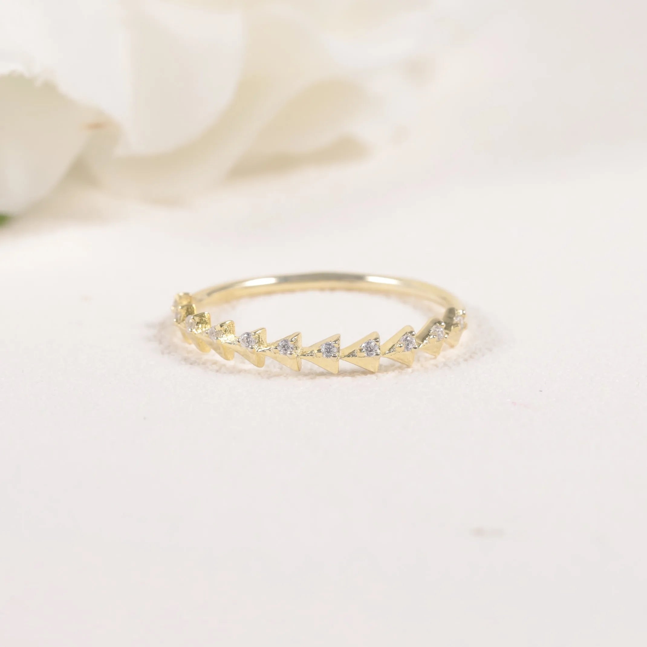 14K 18K Yellow Gold Diamond 11 Triangle Station Ring 0.07 Ctw Lab Grown Diamond Triangular Eternity Ring Stacking for Her