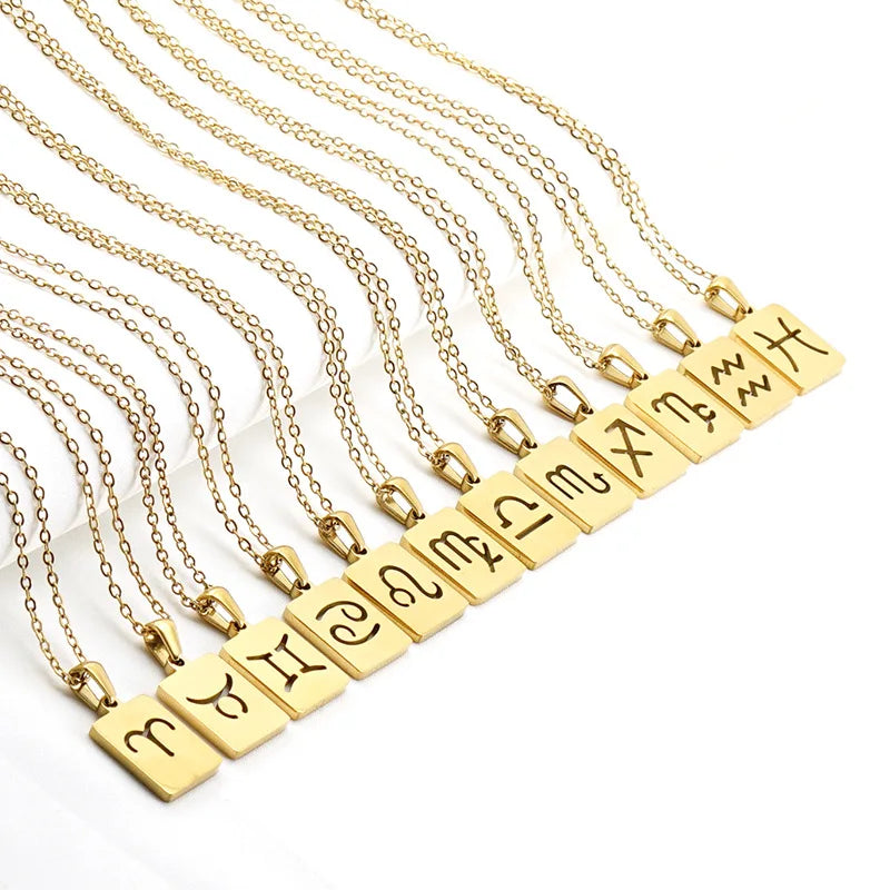 Stainless Steel 12 Zodiac Necklace Female 18K Gold Square Hollow Clavicle Chain Pendant