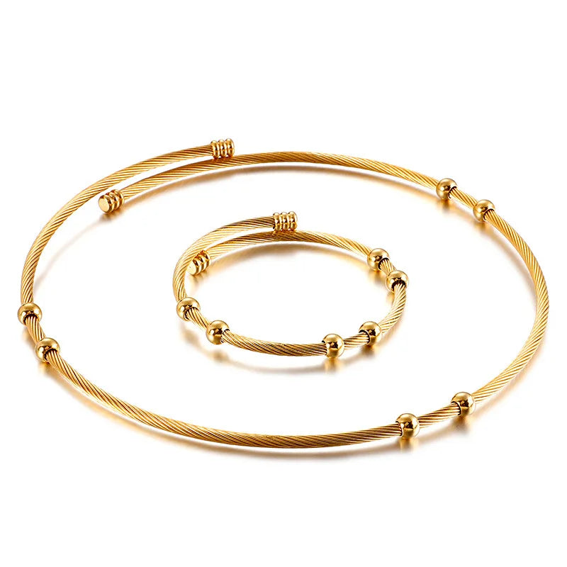 R.GEM. Wholesale Titanium Stainless Steel 18k Real  Electroplating Golden Bead Necklace and Bracelets Sets