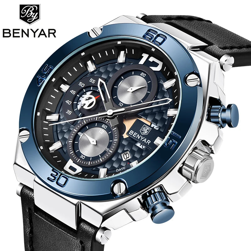 BENYAR 5151 Luxury Watch Leather Quartz Clock Watches Men Wrist Fashion Gift Chronograph Wristwatches Male Relogio Masculino