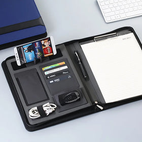 A4 Zippered PU Leather Padfolio Phone Stand Card Slots 16GB USB Drive Multifunctional Business Portfolio Organizer