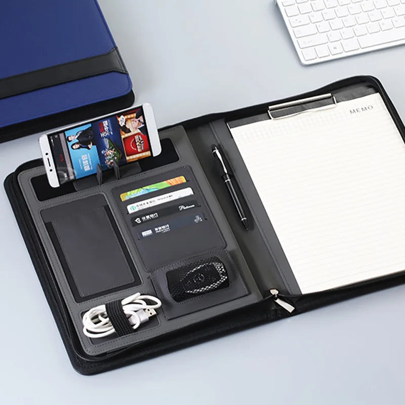 A4 Zippered PU Leather Padfolio Phone Stand Card Slots 16GB USB Drive Multifunctional Business Portfolio Organizer