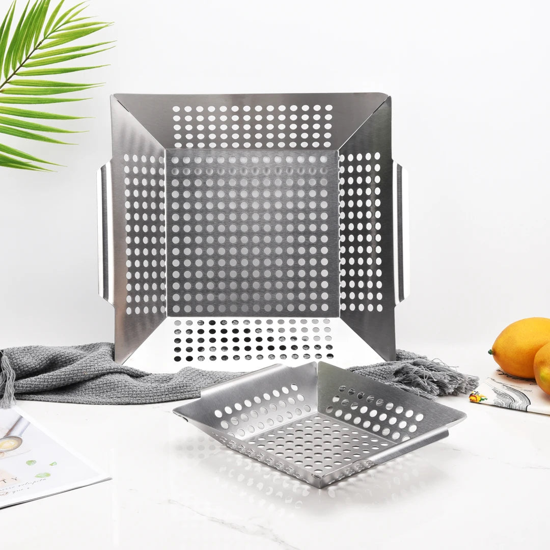 Two-size Heavy Duty Stainless Steel Square Vegetable BBQ Grill Basket Outdoor Vegetable Drain Plate
