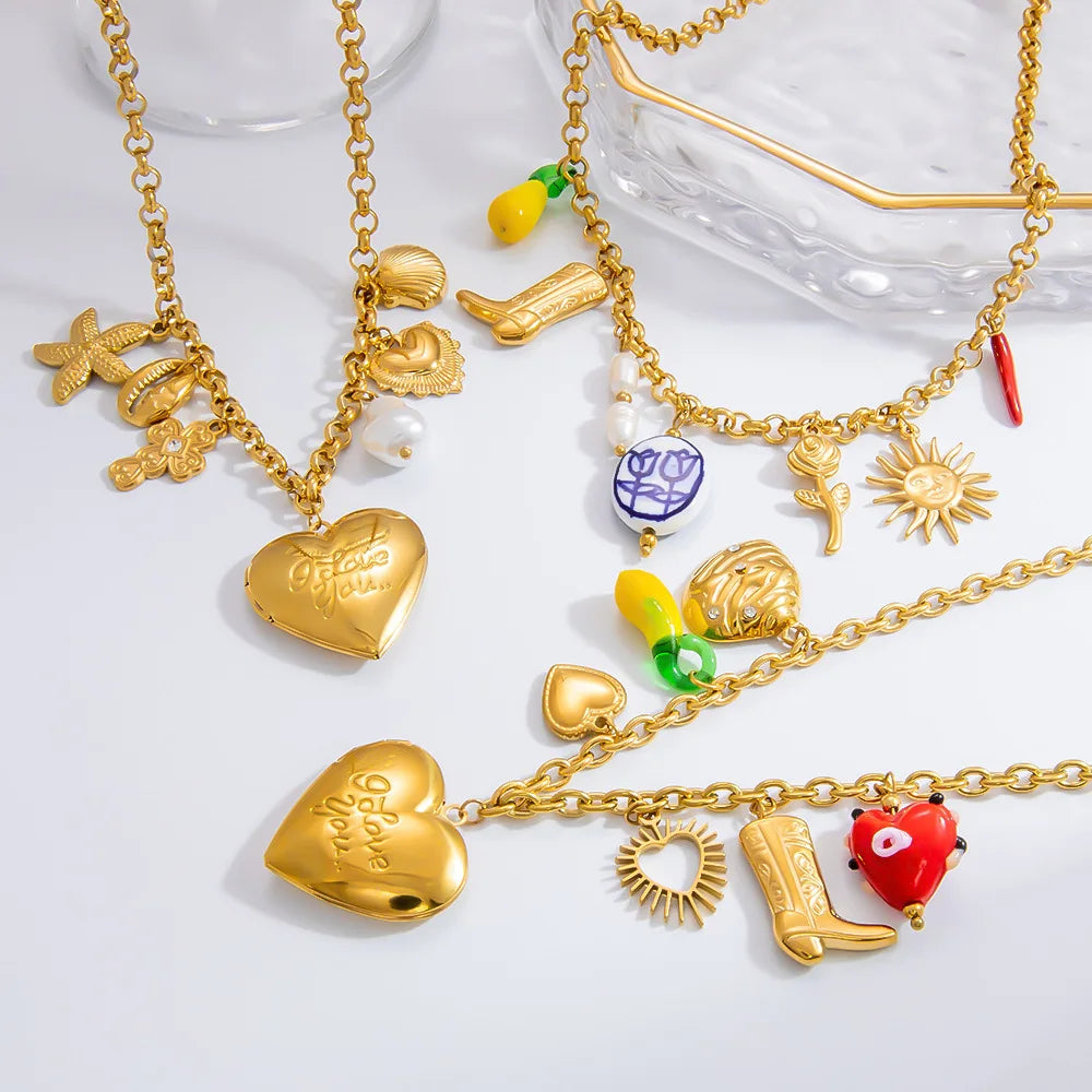 18k Gold Ceramic Pearl Stainless Steel Necklace Handmade DIY Starfish Shell Heart Pendant Necklace for Women