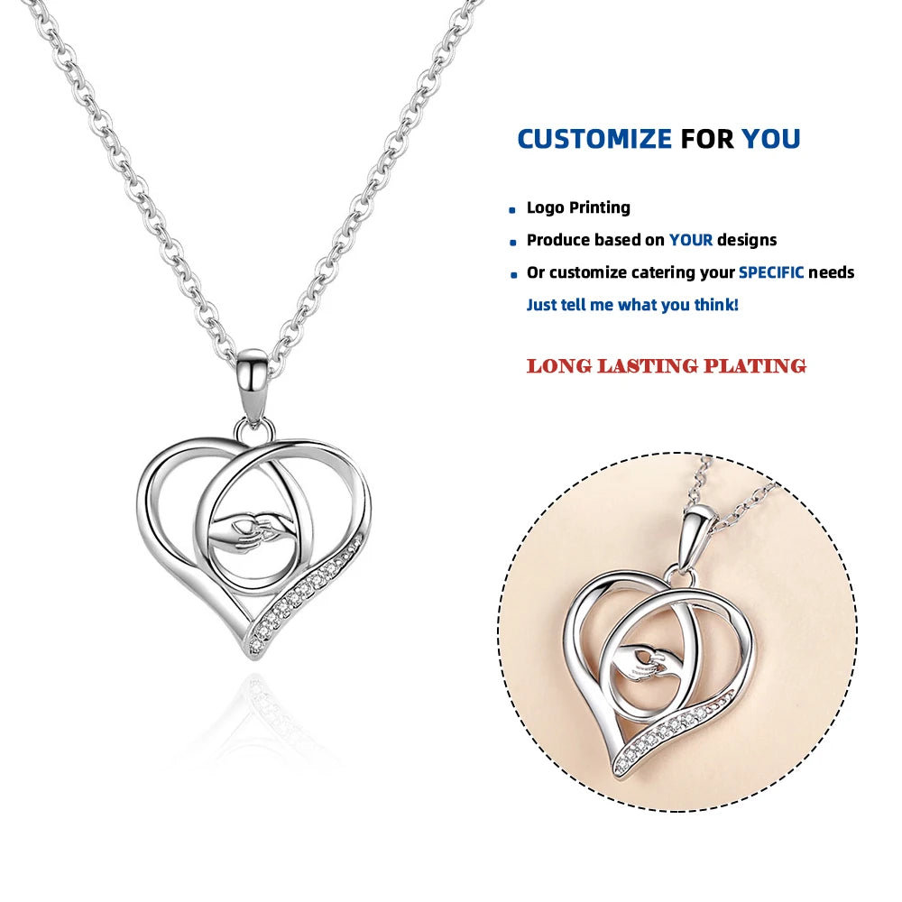 D584 Concentric Hands Heart Pendant Necklace Rhodium Plated Sterling Silver Zircon Stone Wedding Engagement Mother's Day Gift