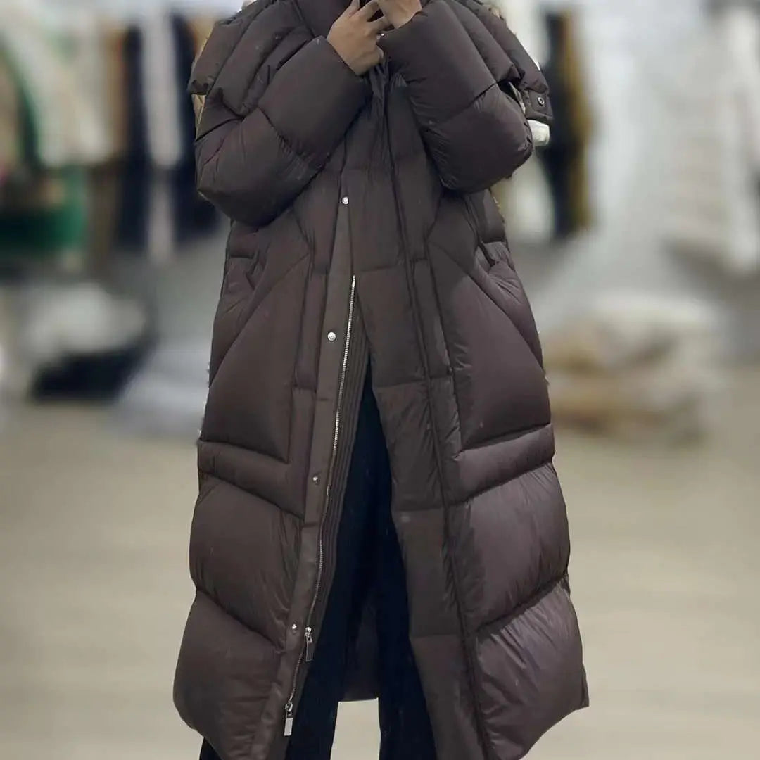 OFTBUY 2023 Women's X-Long Goose Down Jacket Simple High-End White Hooded Jacket with Big Pockets Thickened Winter Coat