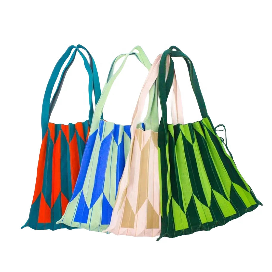 Korean Chic Style Malaking Kapasidad Handbags Para Sa Mga Babae Niniting Geometric Pattern Pillow Shape Polyester Two Open