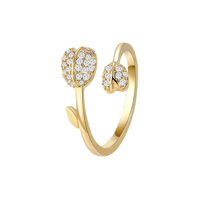 Light Luxury Finger Ring Openable Flower Zircon Ring Adjustable Tulip Ring for Women