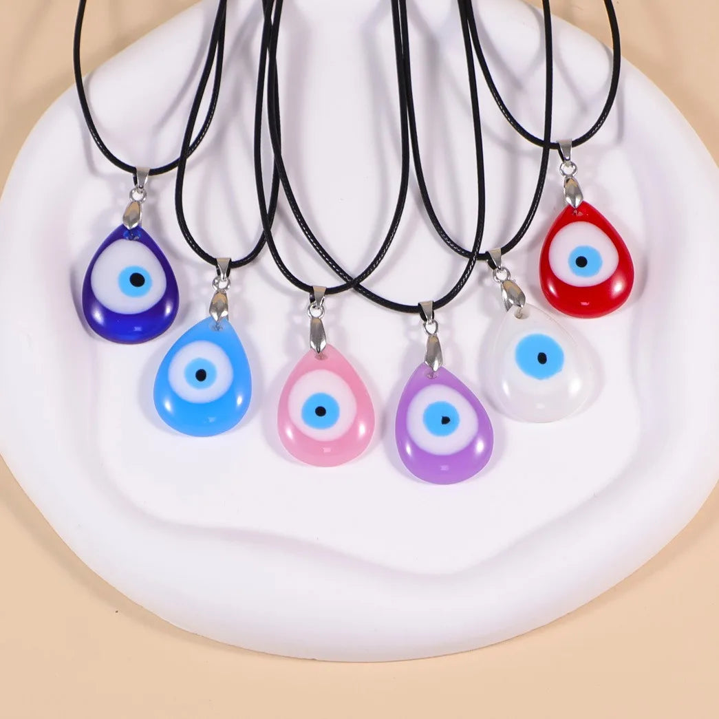Fashion Blue Turkish Resin Evil Angel Eye Pendant Necklace Leather Rope Hamsa Hand Turkey Eyes Water Drop Necklace for Women