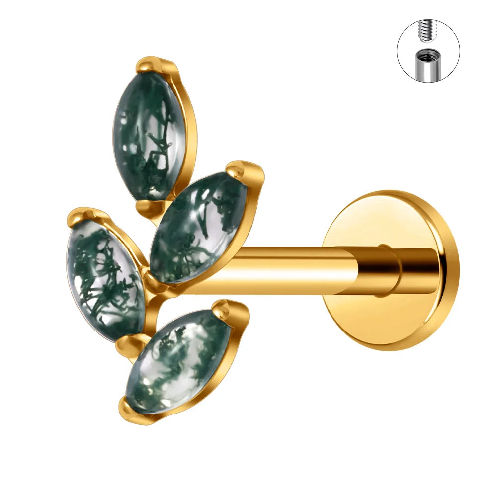 ASTM F136 Titanium 16G Leaf Stud Earring Equine Eye Natural Moss Agate Marquise Helix Conch Tragus Cartilage Piercing Jewelry