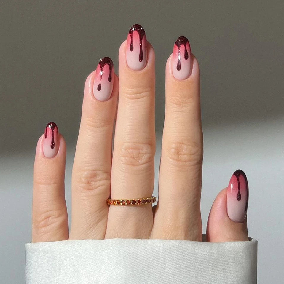 Private Label Custom Blood Drip Art Design Nails Handmade Fake Nails Wholesale Vendor Short Almond Soft Gel Press on Nails Set
