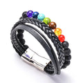 7 Chakra Gemstone Beads Leather Bracelet for Men Women with Magnetic Clasp Tiger's Eye Lapis Lazuli Bracelet
