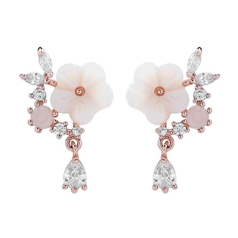 New Pink Flash Diamond Zircon Small and Sweet Shell Flower Earrings for Women
