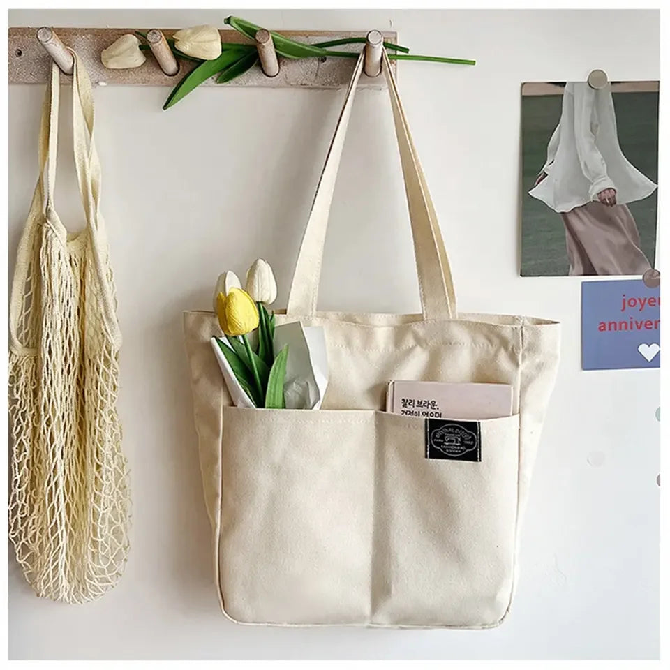 Custom Eco-Friendly Canvas Cotton Tote Bag with Pockets Printed Logo Letter Pattern