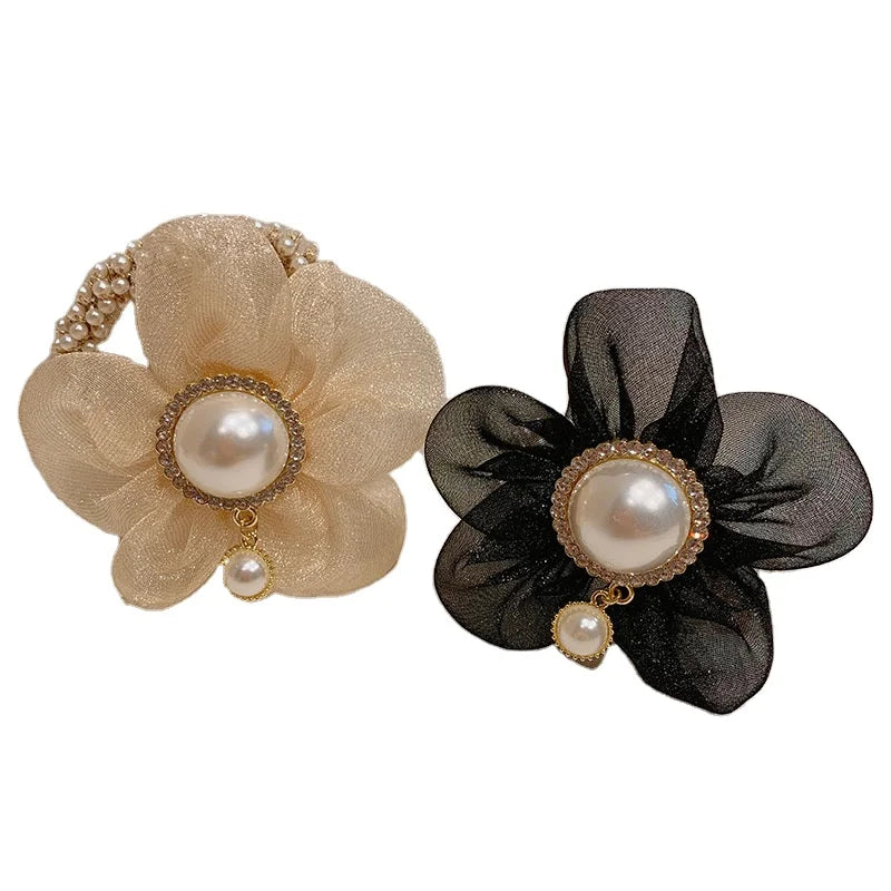MIO New Fashion Imitation Glitter Pearl Hair Band Hear Accessories clear Organza Flower Pearl Hair Tie with Pearls