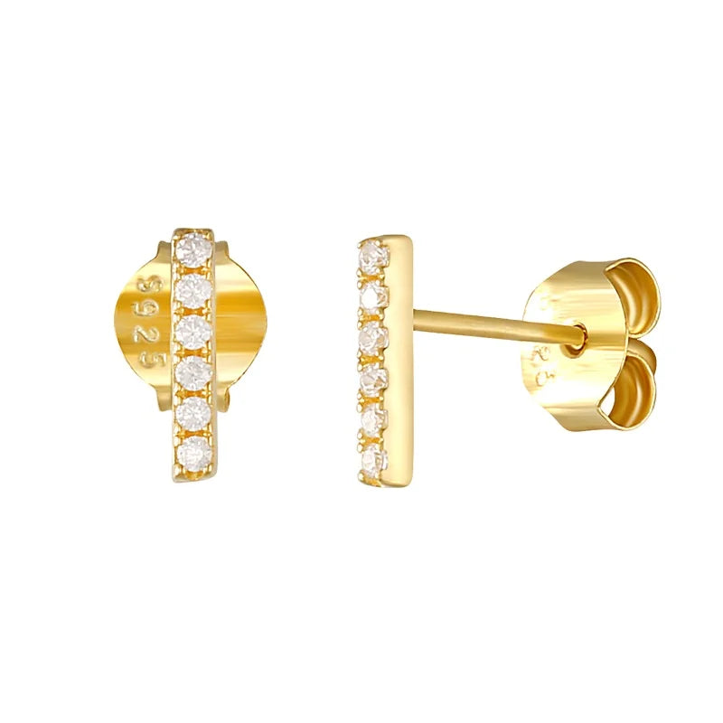 NEW 925 Sterling Silver Minimalist Stud Cubic Zirconia Long Bar Shaped Gold Plated Stud Earring Jewelry for Women MegaBDM