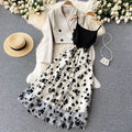 S-2XL French Short Double Breasted Suit Coat Women's High-end Flocked Mesh Suspender Dress Two Piece Set
