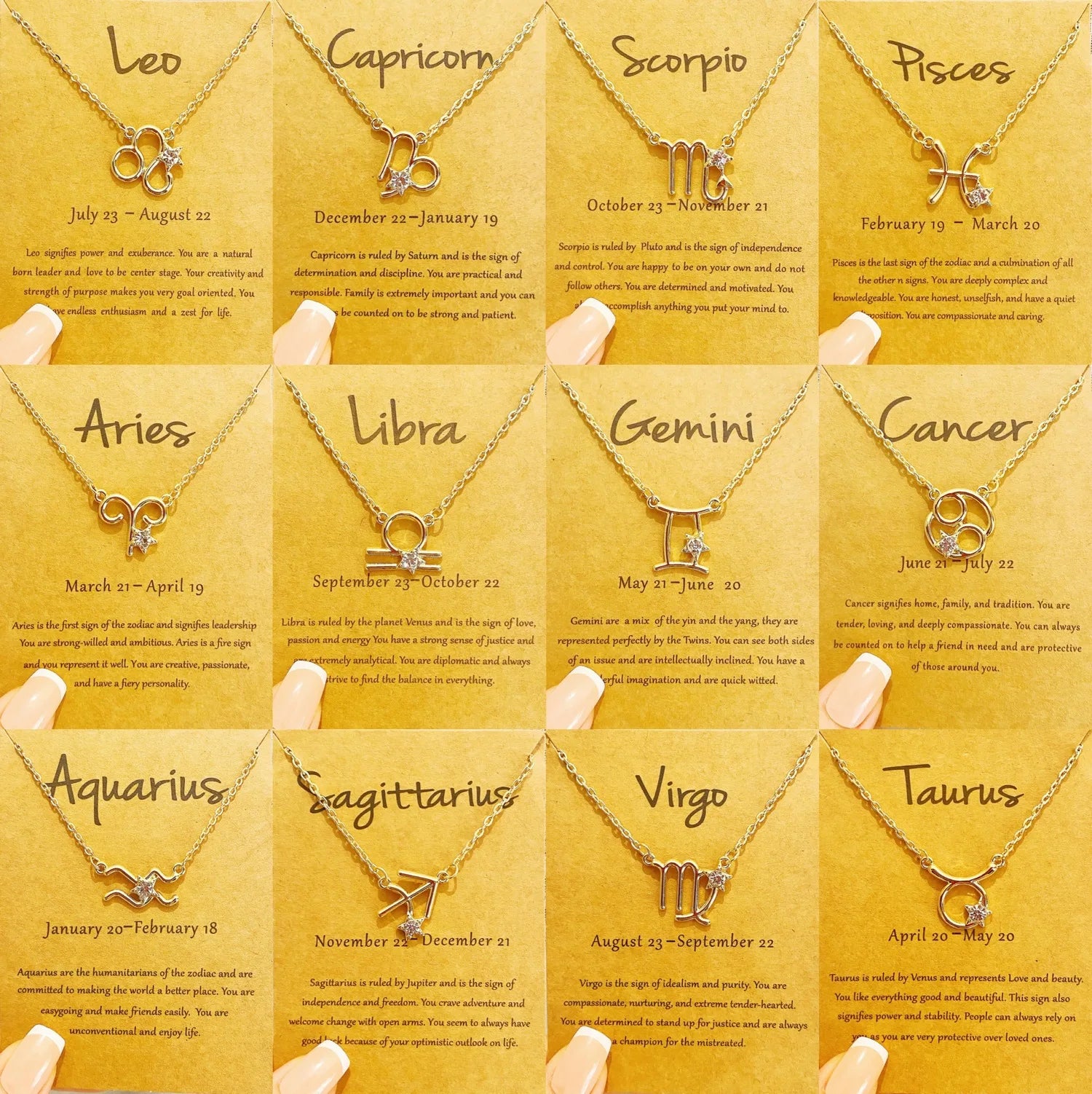 Dainty 18K Gold Plated Charm Zircon Horoscope Pendant Women 12 Zodiac Sign Necklace Jewelry With Card