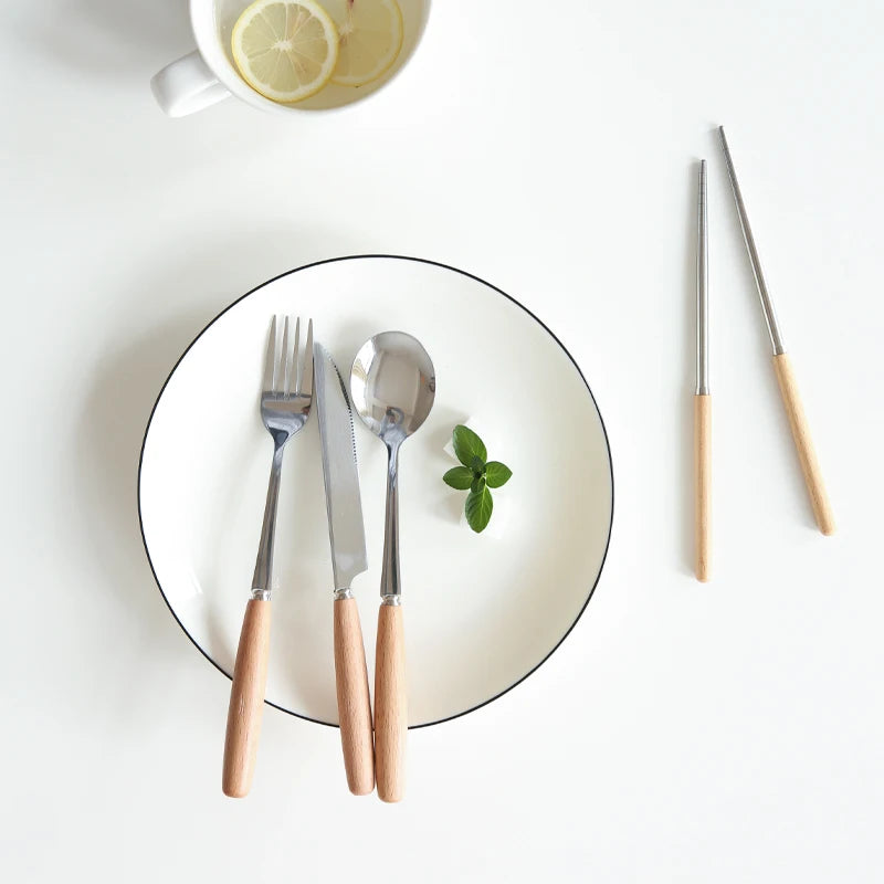 Natural Wooden Handle Fork Spoon Knife Flatware Set Reusable Stainless Steel Cutlery With Gift Box
