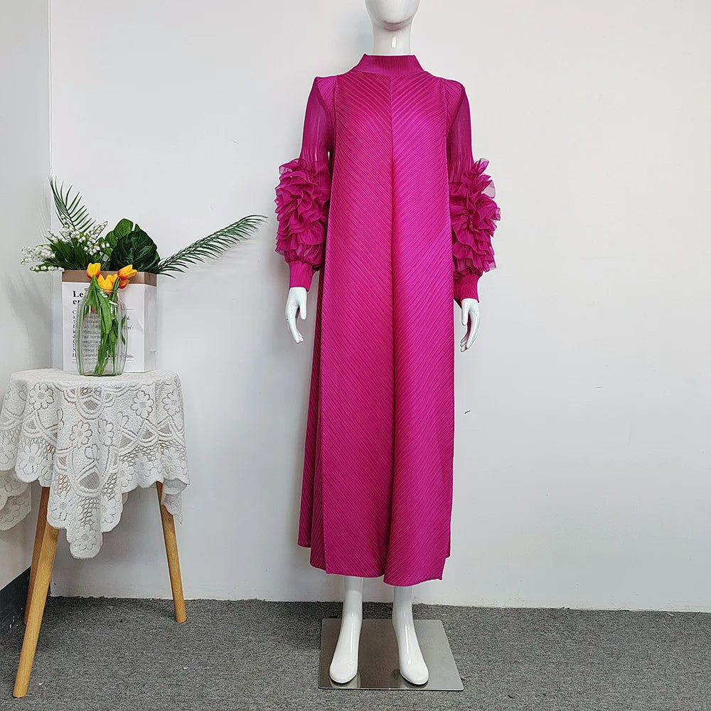 LE2260 High-End Elegant Three-Dimensional Flower Women'S Casual Pleated Dress Female Niche Loose Slimming Pendant Fold Dress