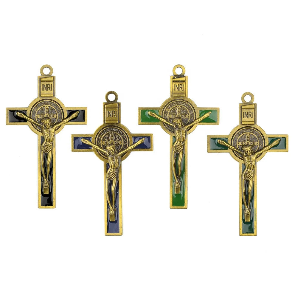 Antique Bronze Catholic Saint Benedict Crucifix 77*44mm Rosary Cross Pendant