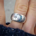 Vintage Women Fashion Boho Handmade 925 Silver Moon Star Sapphire Ring Jewelry Size 5-11