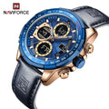 NAVIFORCE 9197 SBEBE Men Luxury Sport Chronograph Quartz Wristwatch Genuine Leather Waterproof Watch Men