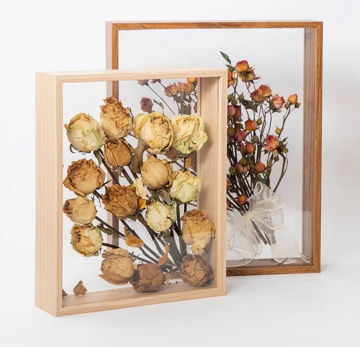 Double Sided Glass Picture Floating Photo Frame Transparent Wooden Wall Art Three-dimensional Specimen Frame for Storing Flower