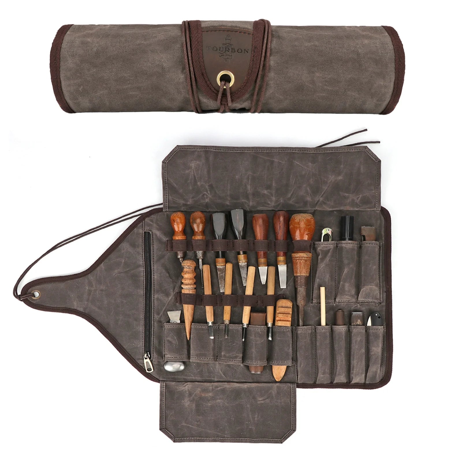 Wax Canvas Wood Carving Tool Set Roll-Up Pouch Solid Brass Buckle Big Capacity