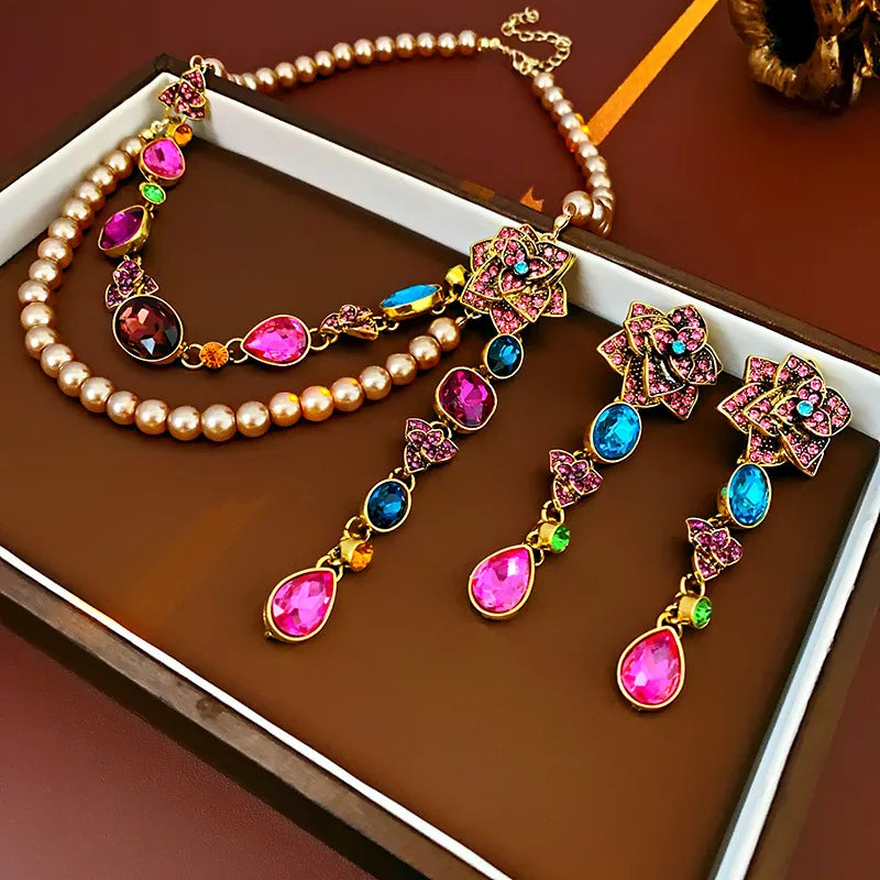2024 Fashion Jewelry Middle Vintage Earrings Silver Needles Colorful Diamond Flower Tassel Earrings Retro Necklace Jewelry Boxes
