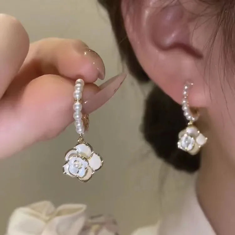 Gt 925 Silver Needle Pearl Diamond Drop Oil Camellia Elegant Earrings Women